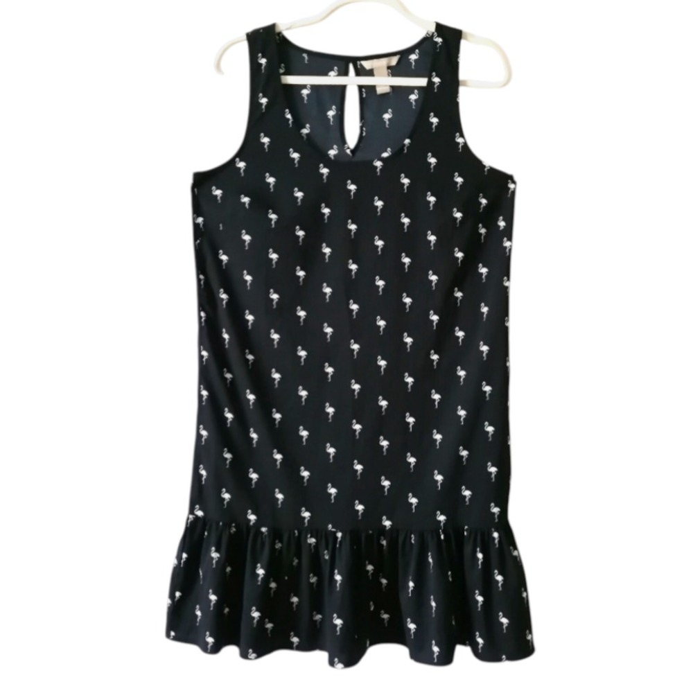 BANANA REPUBLIC Drop Waist Shift Dress BLACK w/WHITE FLAMINGO PRINT Ruffle Hem 8